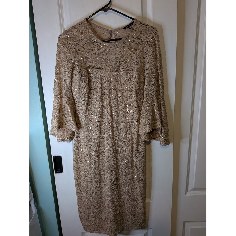 Blu Sage Women Champagne Gold Sequin Floral Lace Bell Sleeve Sheath Dress 6P